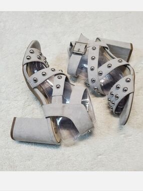 Circus Sam Edelman Gray Silver Studded Moto Biker Ankle Strap Block Heels‎ 8.5